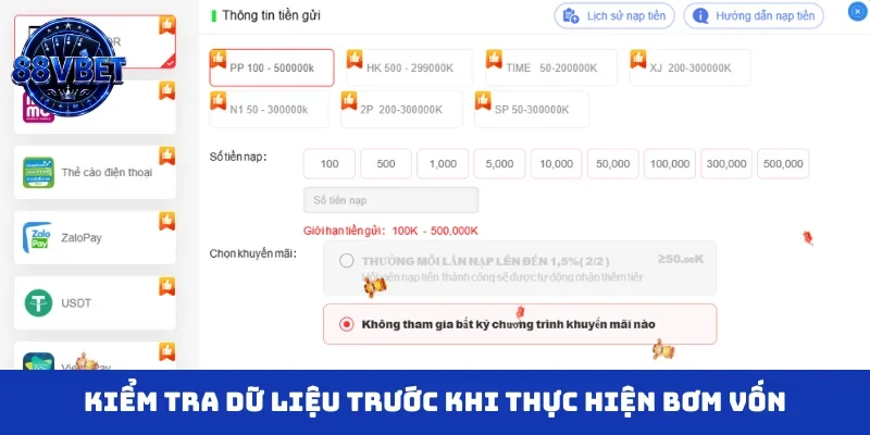 Kiểm tra dữ liệu trước khi thực hiện bơm vốn